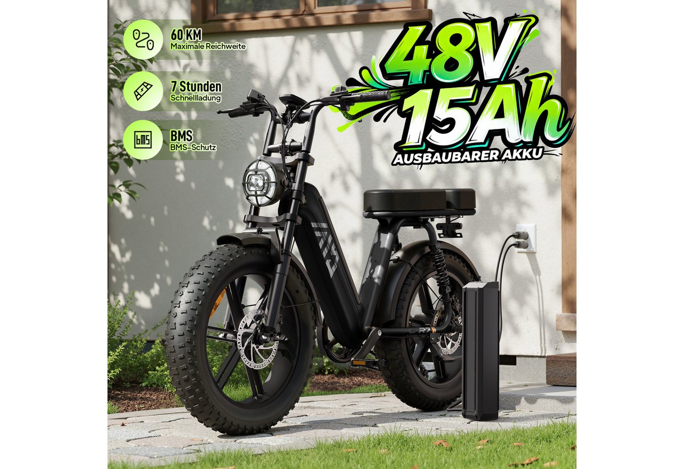 SISIGAD Mountainbike 20'' Fat Tire E-Bike 48V 15AH,250W, Herausnehmbarer Akku, APP, R7, Shimano, 7-Gang Schaltung,100 km Reichweite(PAS) für Alltag und Freizeit Bild 3