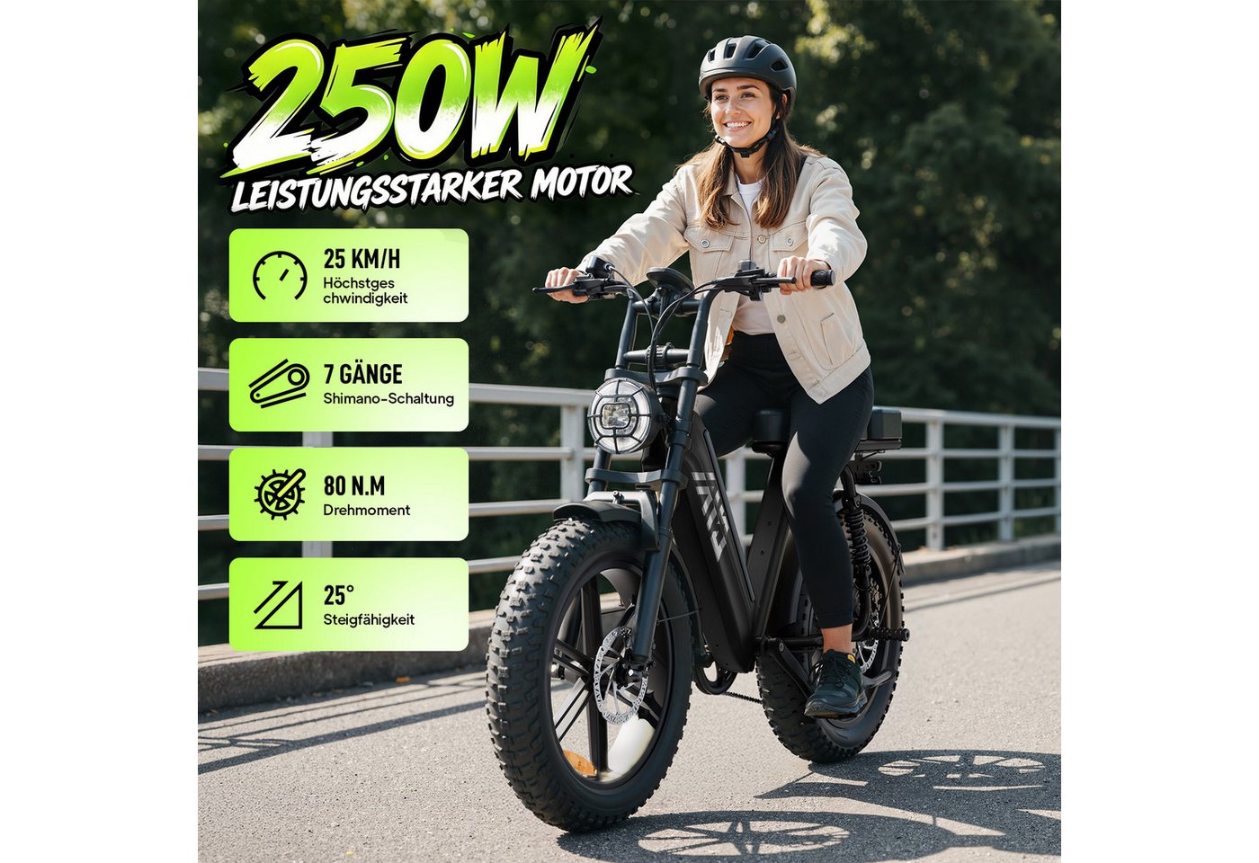 SISIGAD Mountainbike 20'' Fat Tire E-Bike 48V 15AH,250W, Herausnehmbarer Akku, APP, R7, Shimano, 7-Gang Schaltung,100 km Reichweite(PAS) für Alltag und Freizeit Bild 5