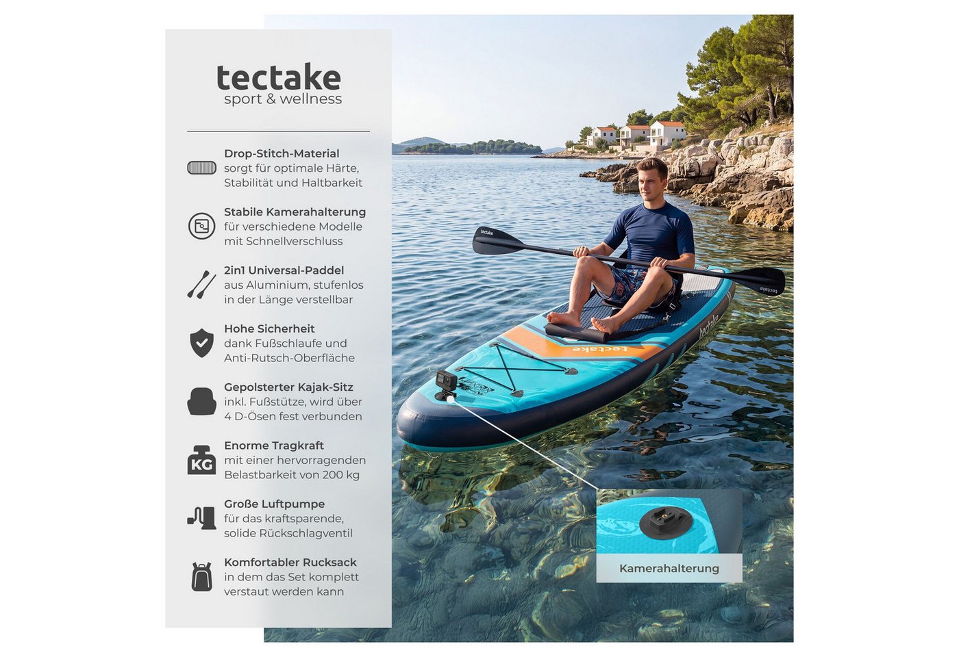 tectake SUP-Board Paddle Board aufblasbar, mit Kamerahalterung, Kajak-Sitz, rutschfest, Stand-up Paddle, (Sup Board Palagios, in Türkis/orange), Belastbar bis 200 kg, inkl. Zubehör