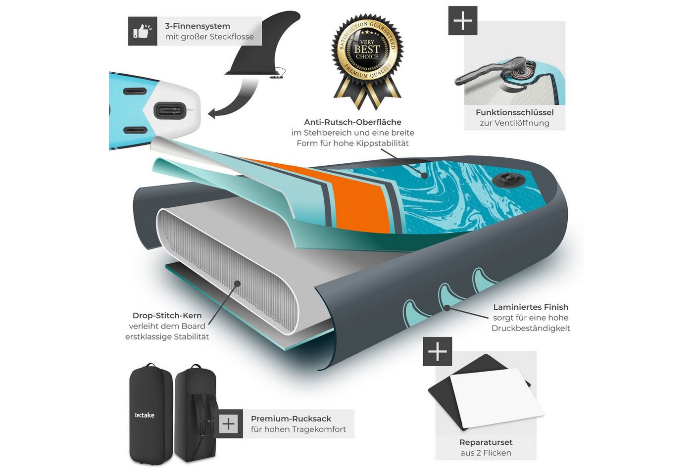 tectake SUP-Board Paddle Board aufblasbar, mit Kamerahalterung, Kajak-Sitz, rutschfest, Stand-up Paddle, (Sup Board Palagios, in Türkis/orange), Belastbar bis 200 kg, inkl. Zubehör Bild 3