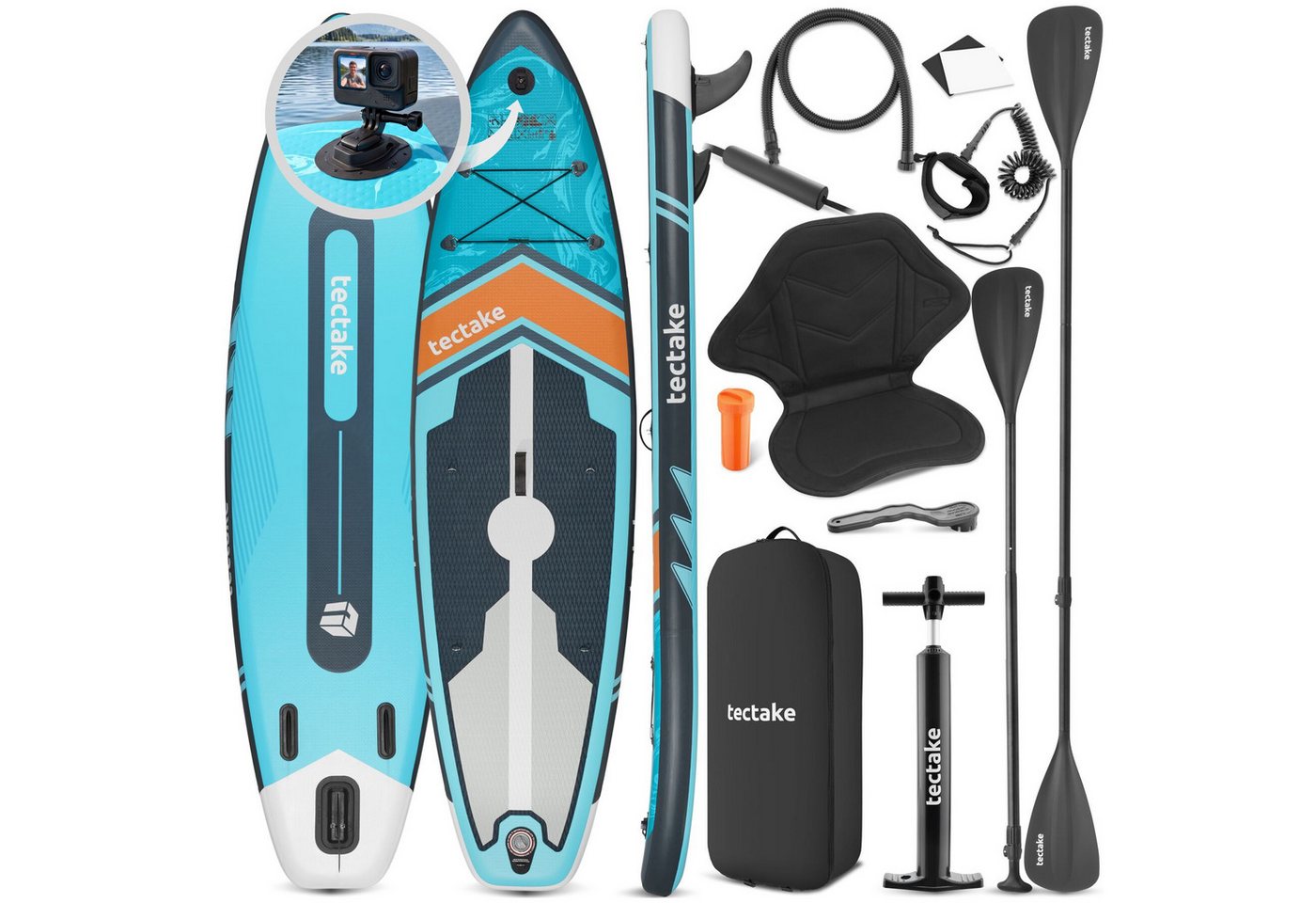 tectake SUP-Board Paddle Board aufblasbar, mit Kamerahalterung, Kajak-Sitz, rutschfest, Stand-up Paddle, (Sup Board Palagios, in Türkis/orange), Belastbar bis 200 kg, inkl. Zubehör Bild 4