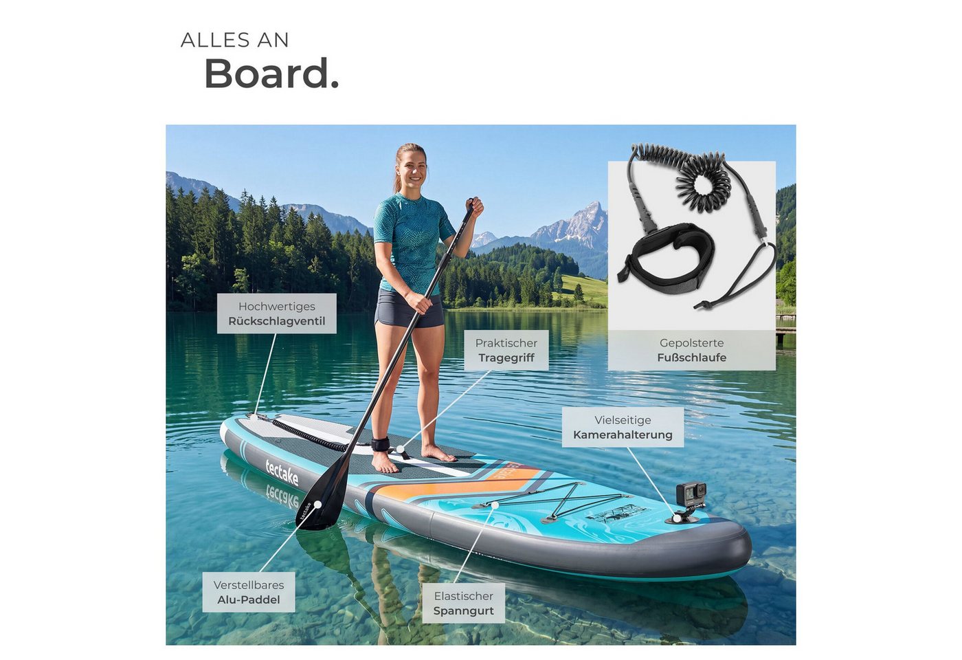tectake SUP-Board Paddle Board aufblasbar, mit Kamerahalterung, Kajak-Sitz, rutschfest, Stand-up Paddle, (Sup Board Palagios, in Türkis/orange), Belastbar bis 200 kg, inkl. Zubehör Bild 5