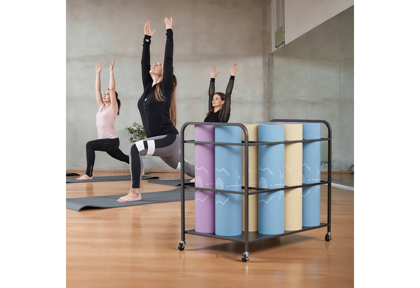 Rutaqian Kurzhantelständer Yogamatten Ständer mit Rollen, Metallregal für 12 Sportmatten, Mobiler Yogamattenständer mit Rollen, Metallgestell für Fitnessstudio Bild 5