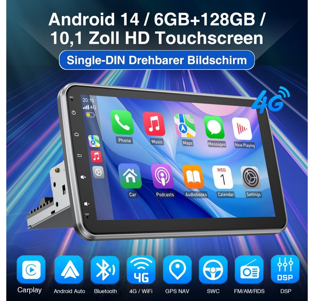 ESSGOO 8-Kern 6GB+128GB Android 14 GPS 1 DIN 360° Drehbar Bildschirm Autoradio (Digitalradio (DAB), RDS, FM, AM, Carplay Android Auto GPS Navi WIFI BT)