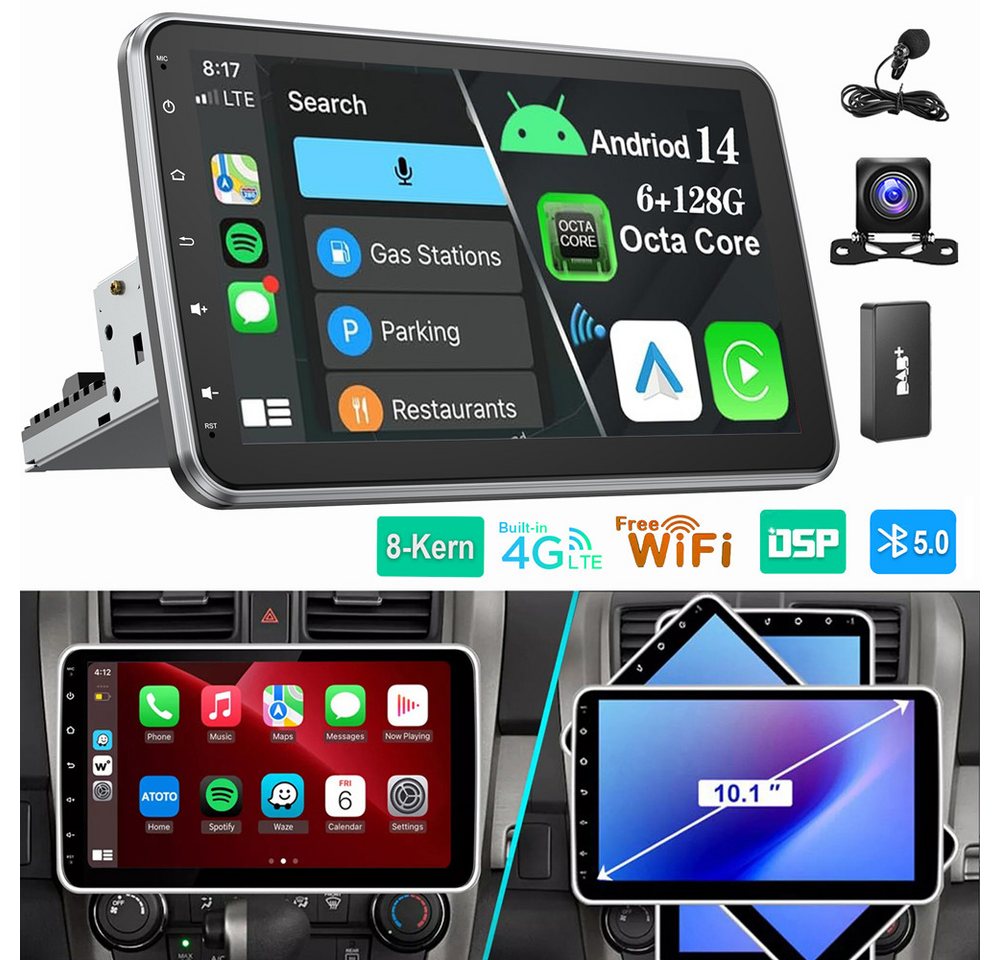 ESSGOO 8-Kern 6GB+128GB Android 14 GPS 1 DIN 360° Drehbar Bildschirm Autoradio (Digitalradio (DAB), RDS, FM, AM, Carplay Android Auto GPS Navi WIFI BT) Bild 2