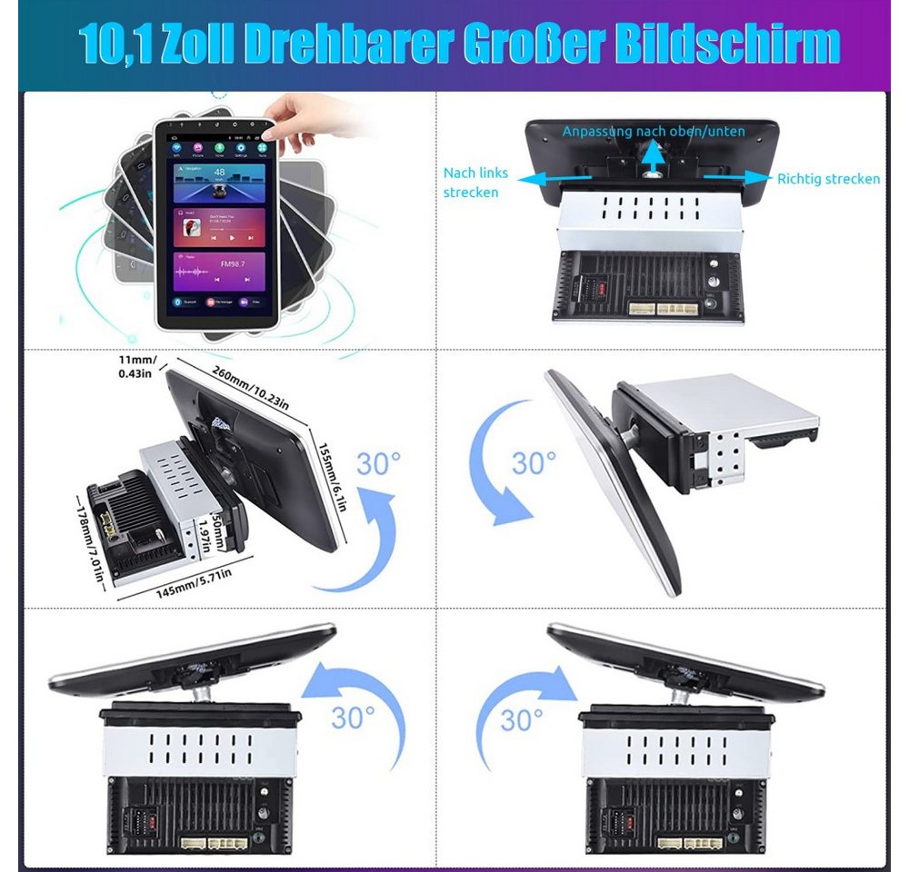 ESSGOO 8-Kern 6GB+128GB Android 14 GPS 1 DIN 360° Drehbar Bildschirm Autoradio (Digitalradio (DAB), RDS, FM, AM, Carplay Android Auto GPS Navi WIFI BT) Bild 5