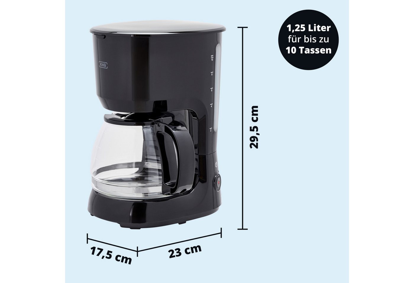 KHG Filterkaffeemaschine KA-128S in schwarz inkl. Glaskanne 1,25 Liter, 10 Tassen, 750 Watt, Permanentfilter, Warmhaltefunktion, Abschaltautomatik & Tropfstopp Bild 3