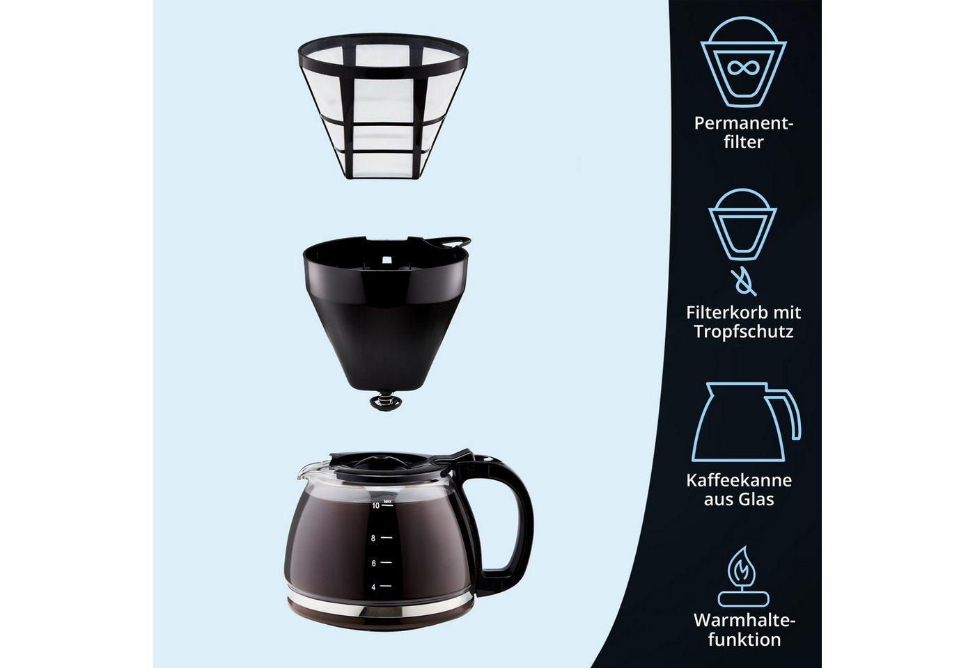 KHG Filterkaffeemaschine KA-128S in schwarz inkl. Glaskanne 1,25 Liter, 10 Tassen, 750 Watt, Permanentfilter, Warmhaltefunktion, Abschaltautomatik & Tropfstopp Bild 5