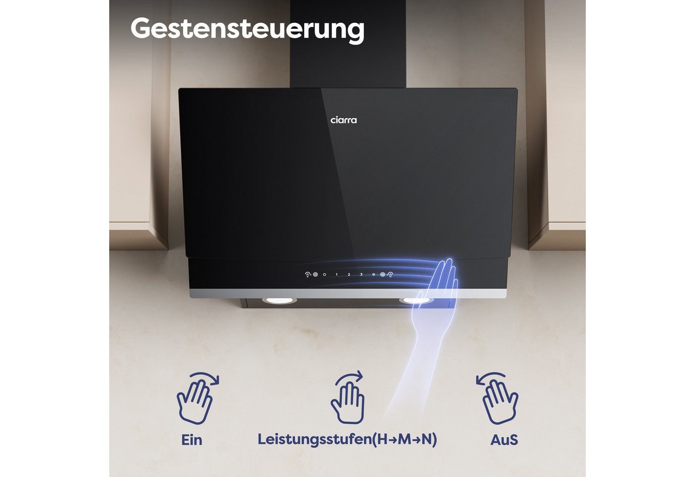 CIARRA Kopffreihaube 60 cm Dunstabzugshaube 710 m³/h starke Saugleistung A+++ CBCB6736A 60 cm Dunstabzugshaube 710 m³/h starke Saugleistung A+++ CBCB6736A, Gestensteuerung & Touch Control, Schräge Wandhaube Umluft & Abluft Bild 4