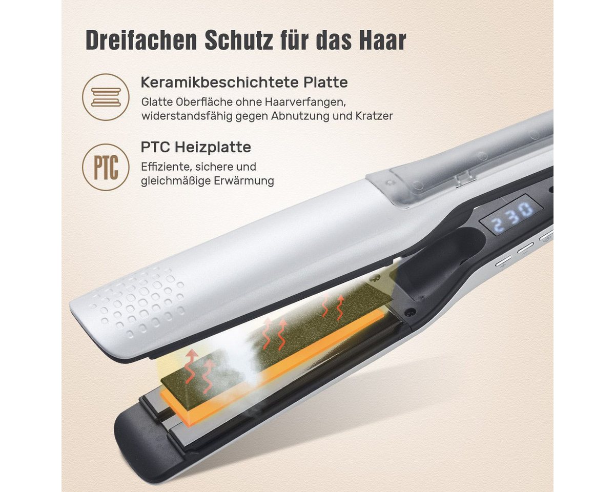 UKLISS Dampfglätter Profi Dampfglätteisen, 40 mm breite Keramikplatten mit LCD-Display, 65 W, Temperaturregelbar 100–230 °C, Dampftechnologie zum Haarschutz