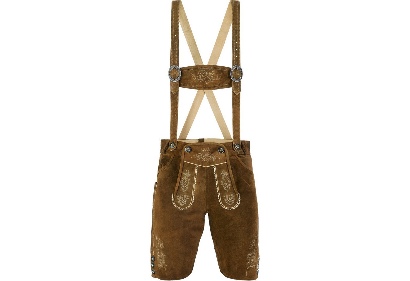 dressforfun Trachtenhose Klassische kurze Lederhose mit gesticktem Latz, robust (Herrenhose Jakob, für Volksfeste in Olivebraun) Inkl. Gürtel, Hosenträgern, Trachtenhemd, Loferl und Haferlschuhen