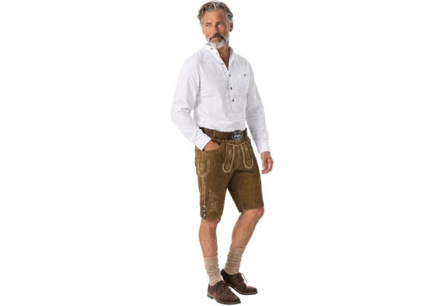 dressforfun Trachtenhose Klassische kurze Lederhose mit gesticktem Latz, robust (Herrenhose Jakob, für Volksfeste in Olivebraun) Inkl. Gürtel, Hosenträgern, Loferl und Haferlschuhen