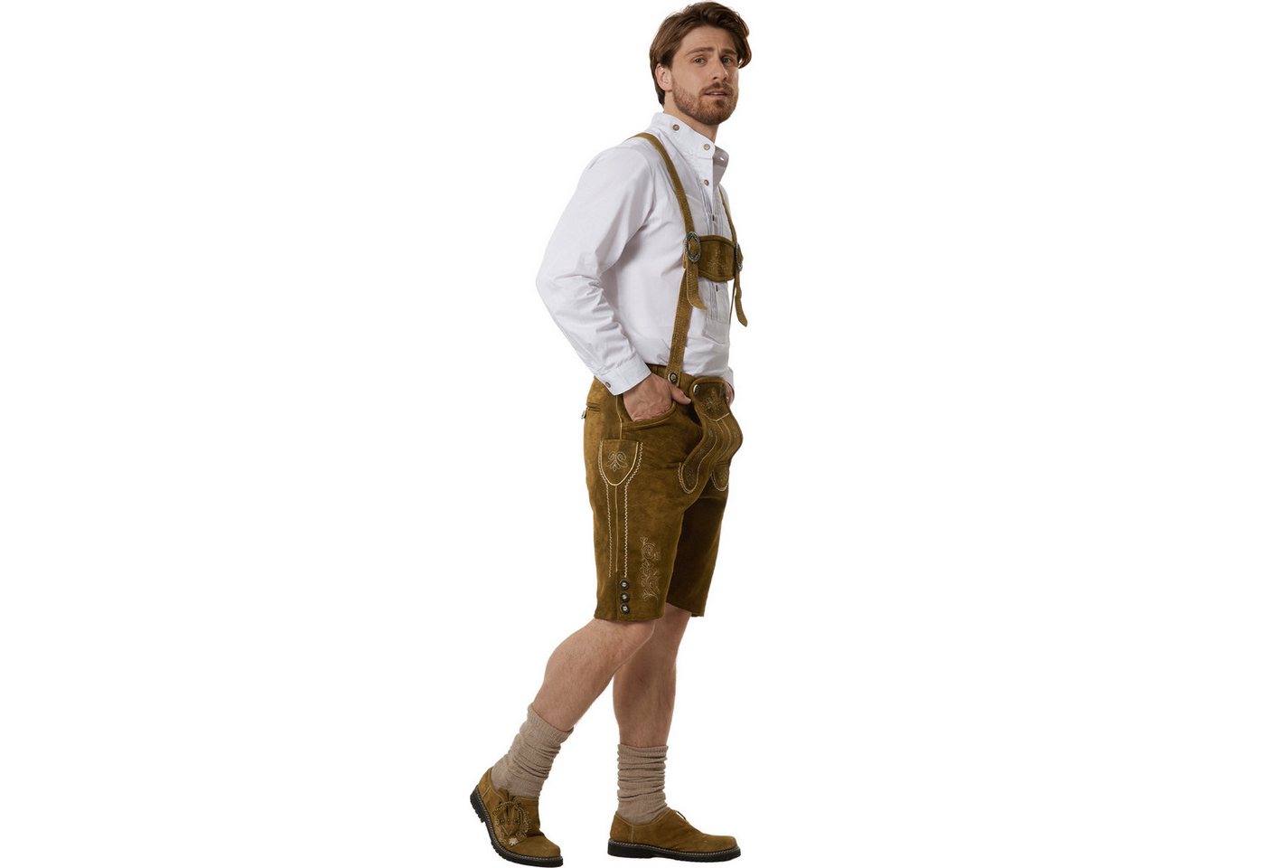 dressforfun Trachtenhose Klassische kurze Lederhose mit gesticktem Latz, robust (Herrenhose Jakob, für Volksfeste in Olivebraun) Inkl. Gürtel, Hosenträgern, Trachtenhemd, Loferl und Haferlschuhen Bild 2