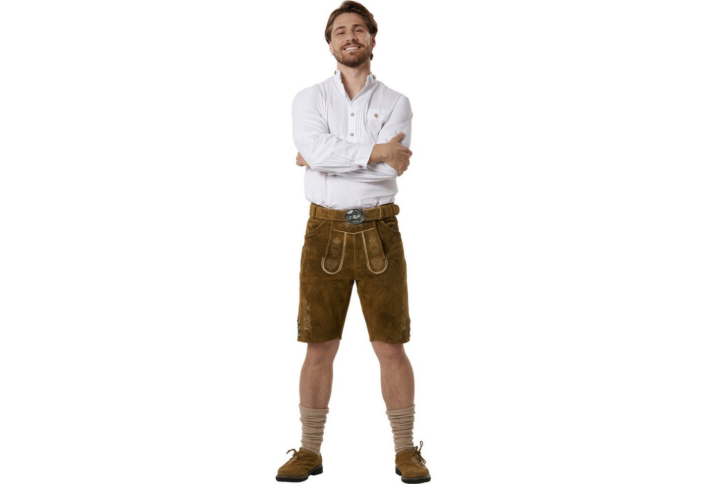 dressforfun Trachtenhose Klassische kurze Lederhose mit gesticktem Latz, robust (Herrenhose Jakob, für Volksfeste in Olivebraun) Inkl. Gürtel, Hosenträgern, Trachtenhemd, Loferl und Haferlschuhen Bild 3