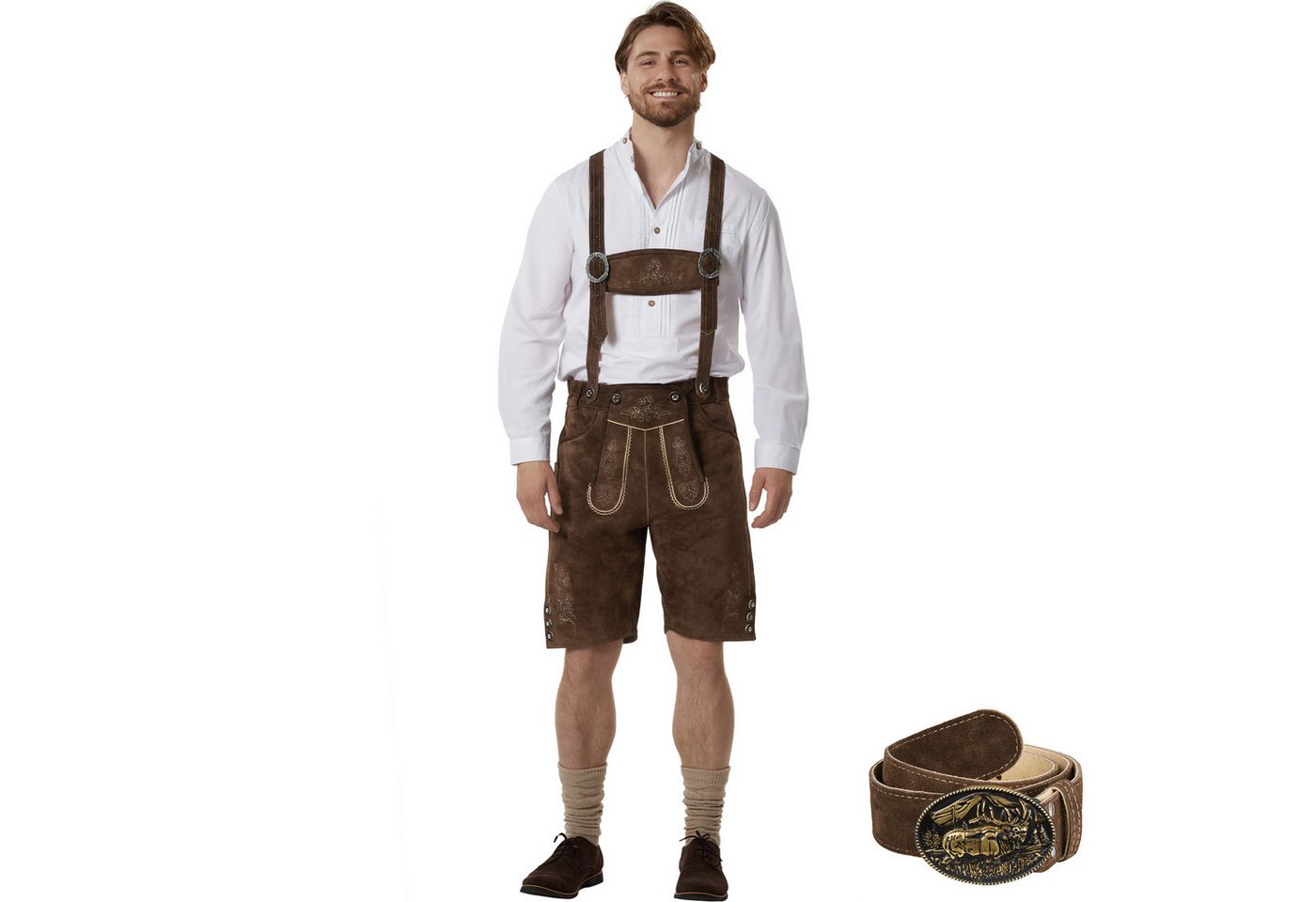 dressforfun Trachtenhose Klassische kurze Lederhose mit gesticktem Latz, robust (Herrenhose Jakob, für Volksfeste in Olivebraun) Inkl. Gürtel, Hosenträgern, Trachtenhemd, Loferl und Haferlschuhen Bild 4