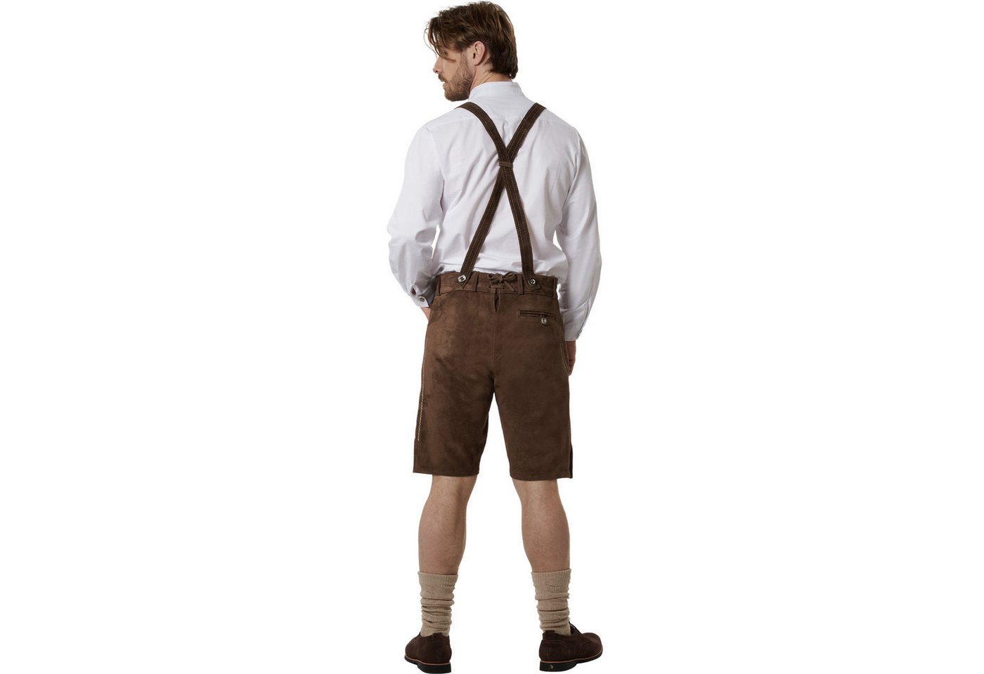 dressforfun Trachtenhose Klassische kurze Lederhose mit gesticktem Latz, robust (Herrenhose Jakob, für Volksfeste in Olivebraun) Inkl. Gürtel, Hosenträgern, Trachtenhemd, Loferl und Haferlschuhen Bild 5