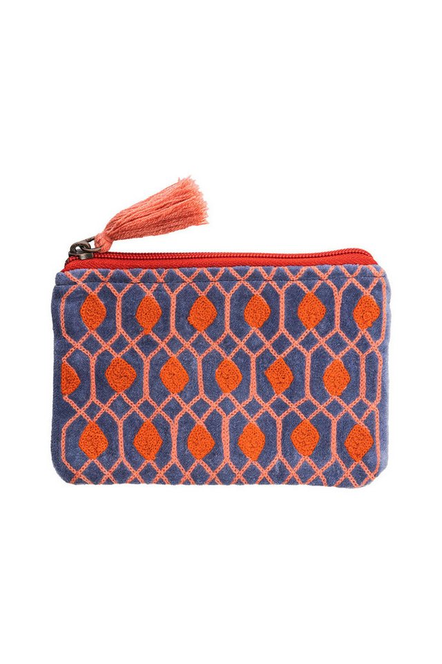 Tranquillo Aufbewahrungstasche Bio-Baumwolle RETRO 16x10 cm blau mit robustem Reißverschluss, Kleines Samttäschchen mit Retro-Stickerei, passt in jede Handtasche