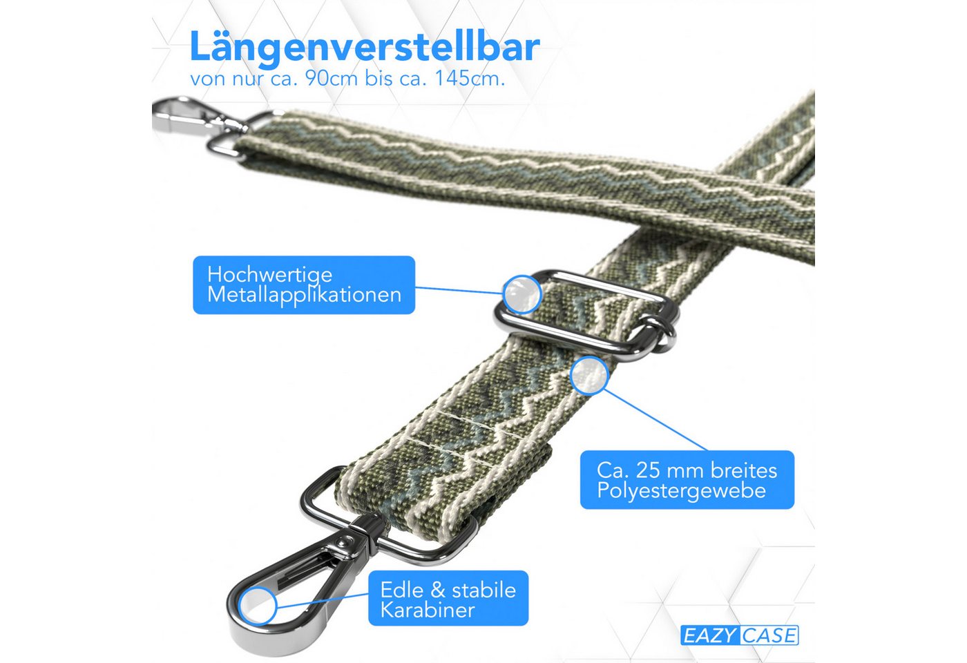 EAZY CASE Schulterriemen Ersatz Taschenriemen Boho Style Kameragurt Accessoire Taschen Crossbag Wave Band abnehmbar Grün
