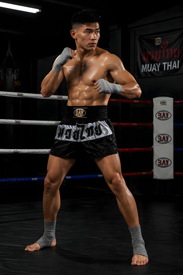 BAY-Sports Sporthose Fashion Thaiboxhose schwarz grau Thaiboxshorts Hose Muay Thai Herren (schwarz, Stück) Dickes Polyester aufgenähte Thai Schrift schwarz/grau Elastikbund Bild 2
