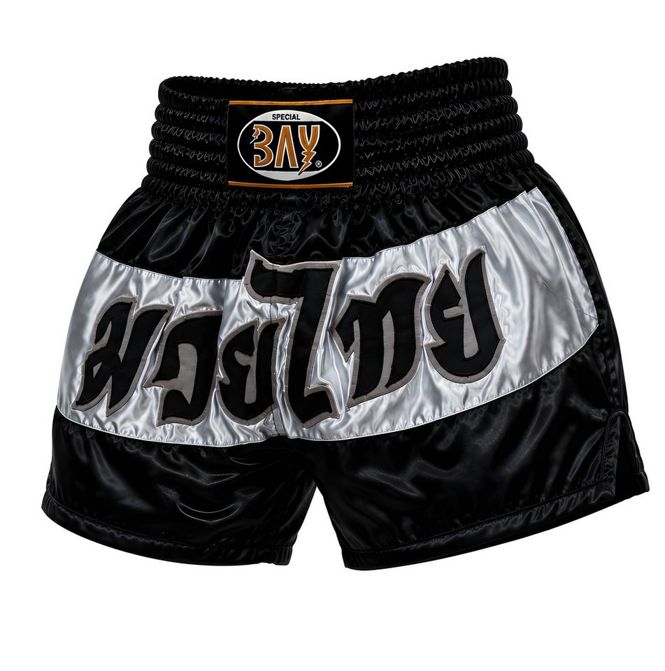 BAY-Sports Sporthose Fashion Thaiboxhose schwarz grau Thaiboxshorts Hose Muay Thai Herren (schwarz, Stück) Dickes Polyester aufgenähte Thai Schrift schwarz/grau Elastikbund Bild 3