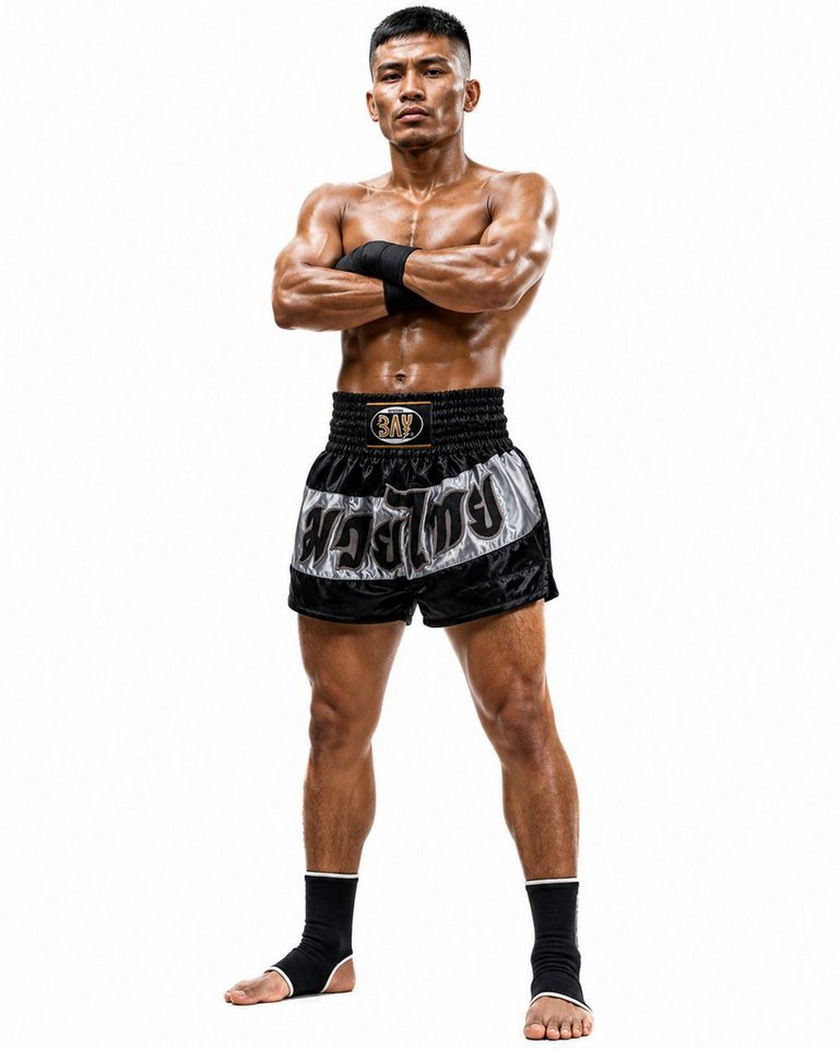 BAY-Sports Sporthose Fashion Thaiboxhose schwarz grau Thaiboxshorts Hose Muay Thai Herren (schwarz, Stück) Dickes Polyester aufgenähte Thai Schrift schwarz/grau Elastikbund Bild 4
