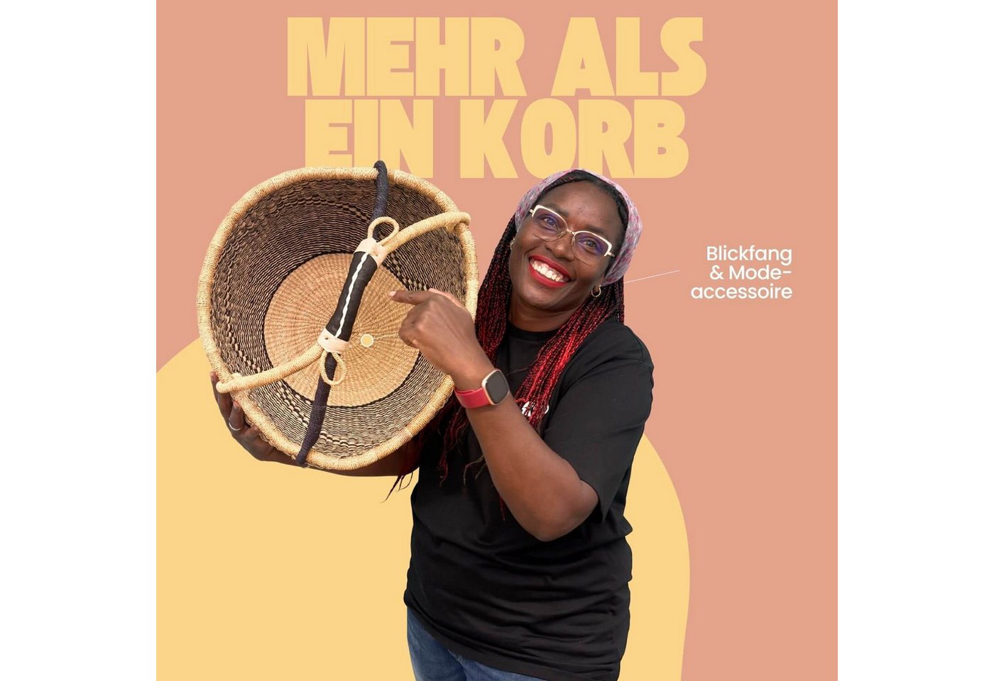 maishameanslife Einkaufskorb Bolga Korb - Mandela - Rund, 25,00 l, Kunstvoll geflochtene Bolga Körbe – Charakterstücke voller Tradition