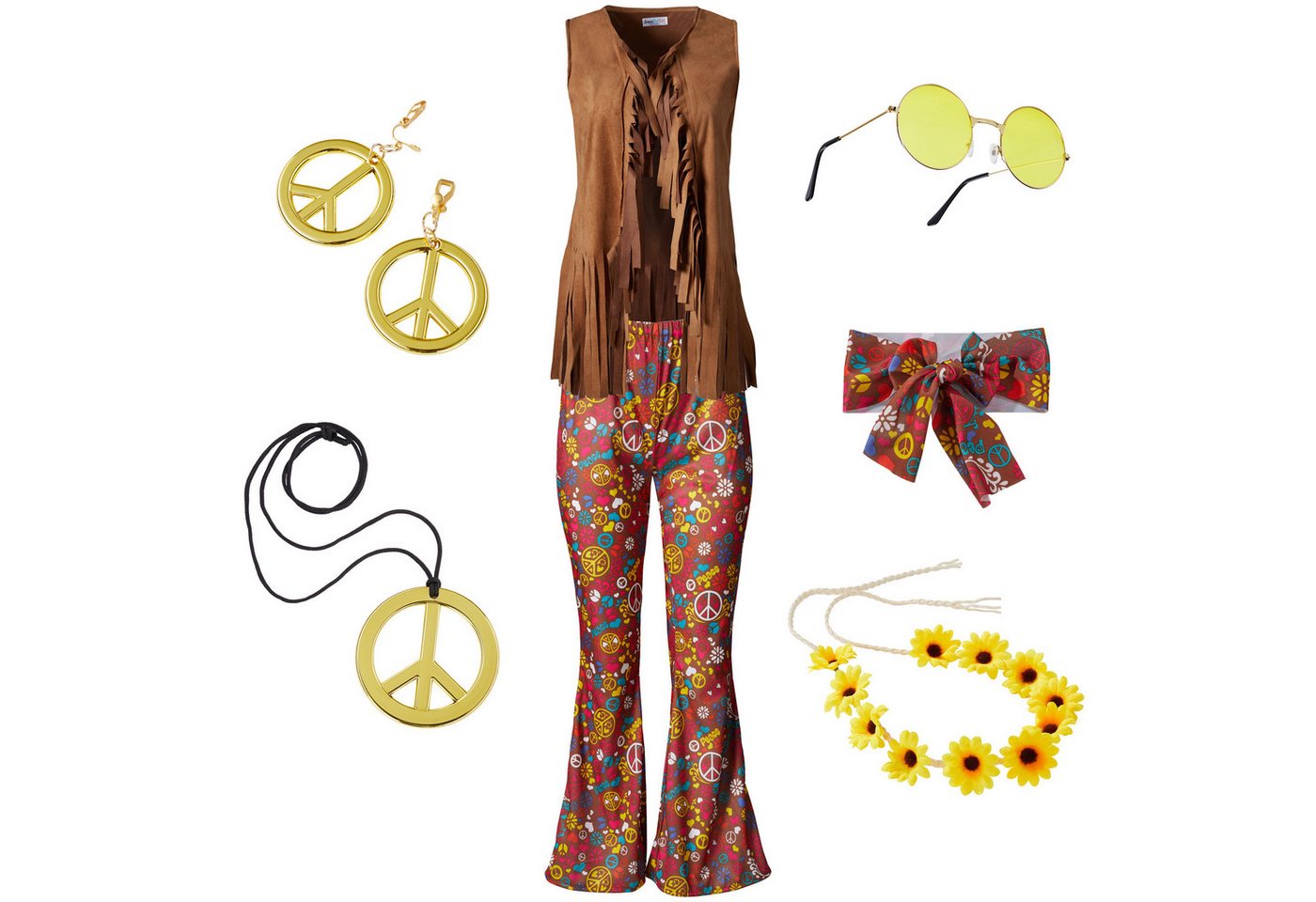 dressforfun Hippie-Kostüm Blumenkind/Siebzigerjahre-Look, in bunt, Gr. L, Weste und Hose, 70er-Motto, Sonnenbrille, Ohrringe, Kette, Blumen- und Haarband