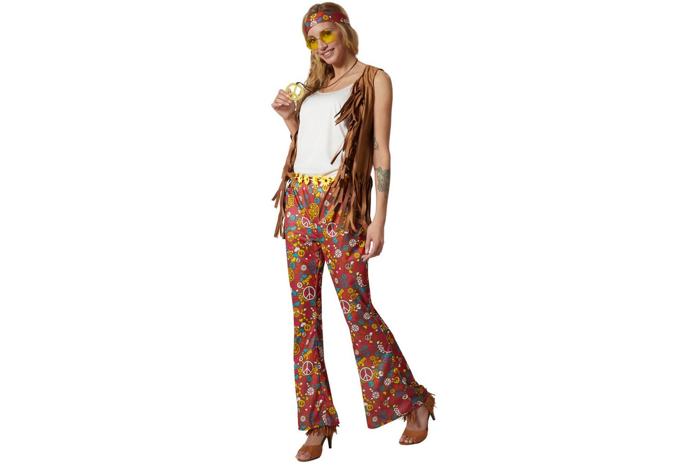 dressforfun Hippie-Kostüm Blumenkind/Siebzigerjahre-Look, in bunt, Gr. L, Weste und Hose, 70er-Motto, Sonnenbrille, Ohrringe, Kette, Blumen- und Haarband Bild 3