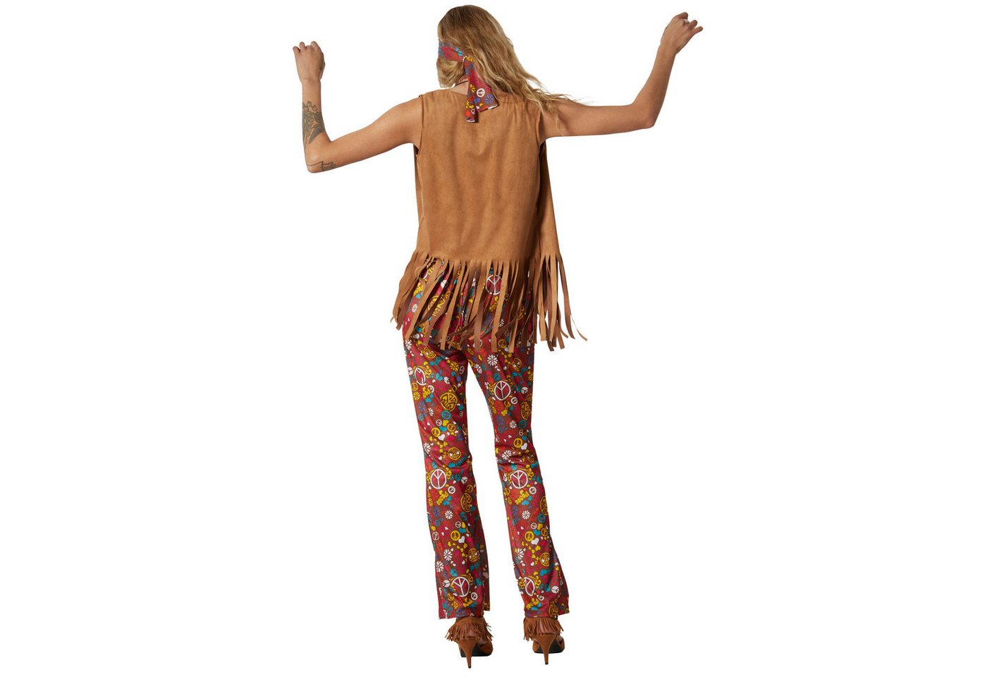 dressforfun Hippie-Kostüm Blumenkind/Siebzigerjahre-Look, in bunt, Gr. L, Weste und Hose, 70er-Motto, Sonnenbrille, Ohrringe, Kette, Blumen- und Haarband Bild 5