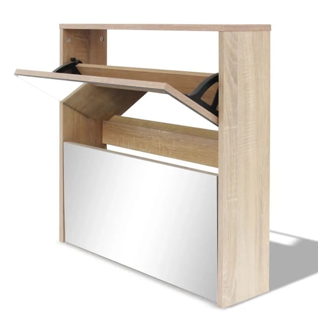 vidaXL Schuhschrank mit 2 Fächern Spiegel Eiche-Optik 63x17x67 cm 243045