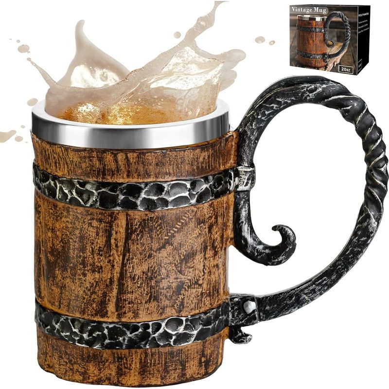 Wikinger-bierkrug, Krug Mit Henkel, 59 Cl Edelstahl-wikingerkrug, Kaffeekrug Für Die Bar, Wikinger-bierkrug Aus Holz/herrenkrug, Wikinger-deko-accessoires
