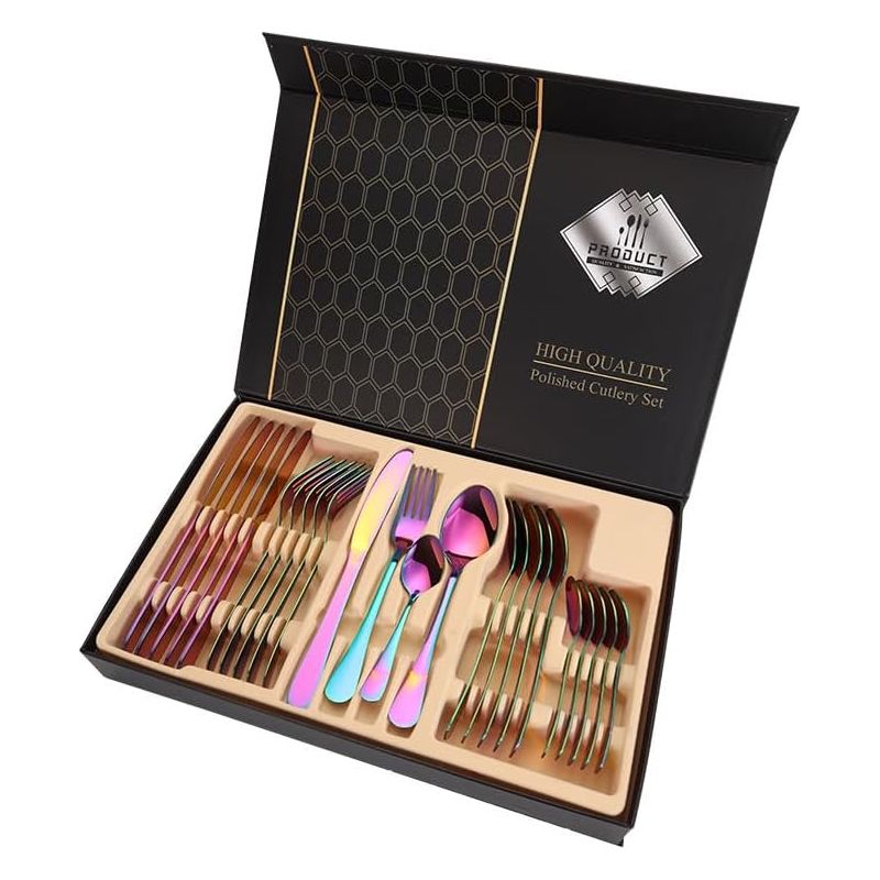 24-teiliges Silbernes Besteckset Inklusive Messer, Gabeln Und Löffeln, Hochwertige Geschenkbox, Schwarz (regenbogenfarbe)
