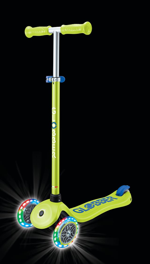 Globber Primo Plus Lights Tretroller Kinder 120/80mm ABEC 9 3-Rädrig Höhenverstellbar LED-Leuchtrollen Lime Grün