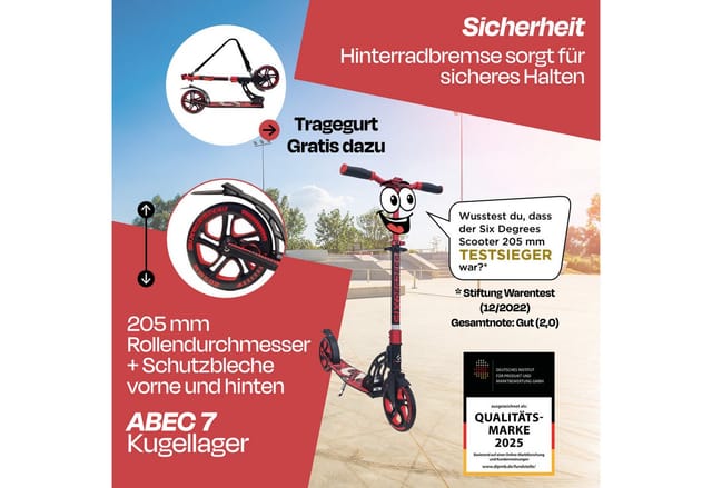 Six Degrees Aluminium Scooter mit Klappmechanismus und Ständer 205 mm Höhenverstellbar Racing Red Testsieger