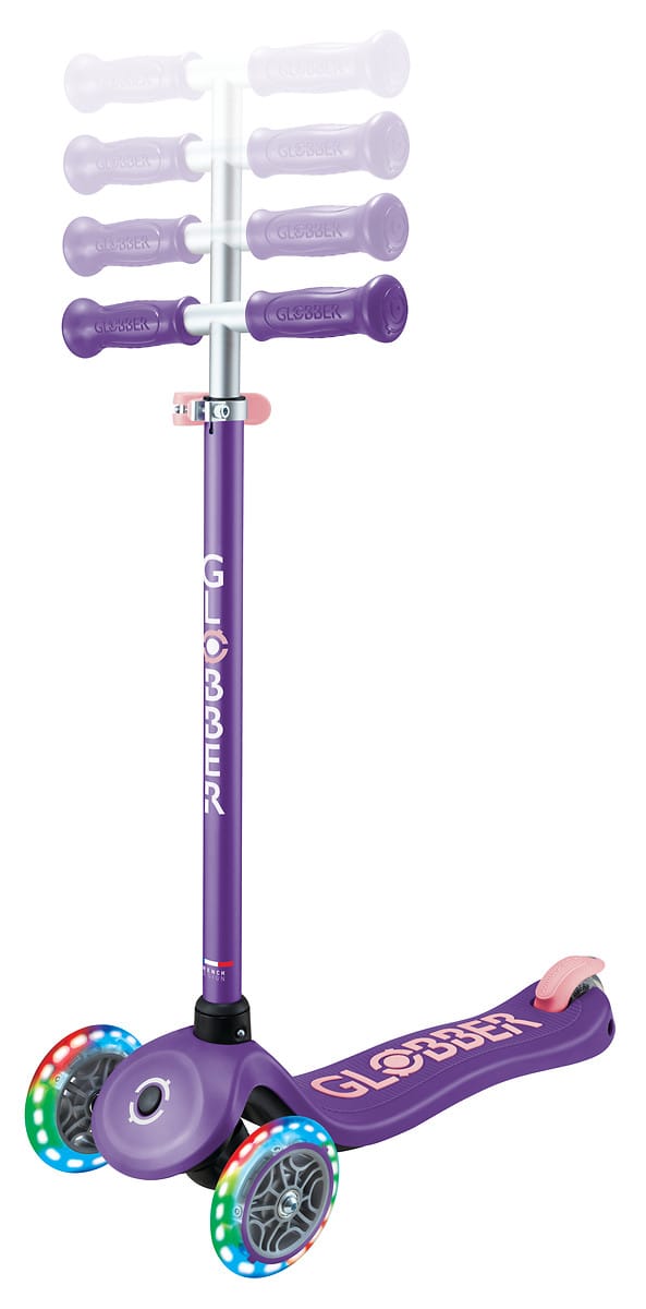 Globber Primo Plus Lights Tretroller Kinder 120/80 mm ABEC 9 3-Rädrig Höhenverstellbar LED-Leuchtrollen Lila