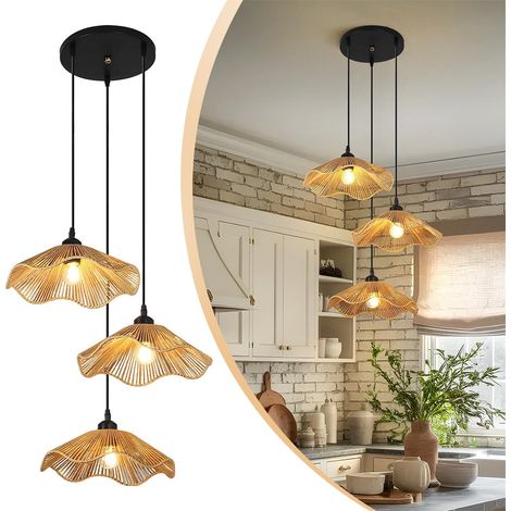 Dreiflammige Pendelleuchte Aus Rattan, Handgefertigt Aus Natürlichem Bambus, Im Bohème-/nordischen Stil, Ideal Für Küchen Und Esszimmer