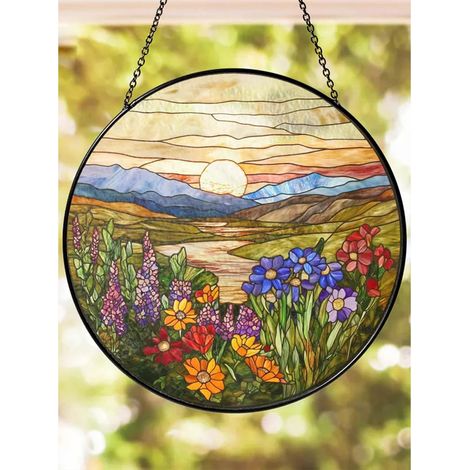 Buntglas-sonnenfänger Mit Wildblumen- Und Bergmotiv, 9 Cm, Naturnahe Fensterdekoration