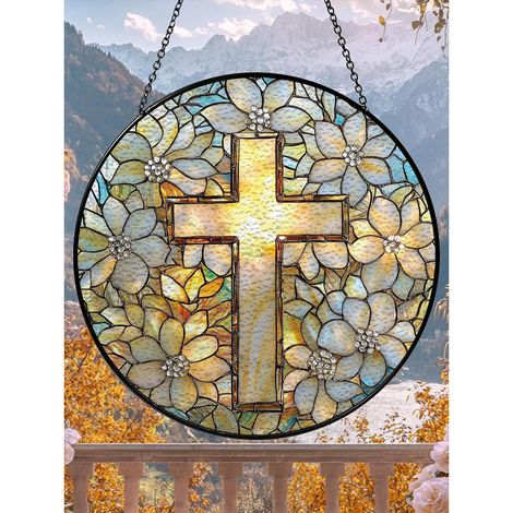 15 Cm Großer Kreuz-sonnenfänger Aus Buntglas, Christliche Geschenkidee, Religiöse Glaskunst
