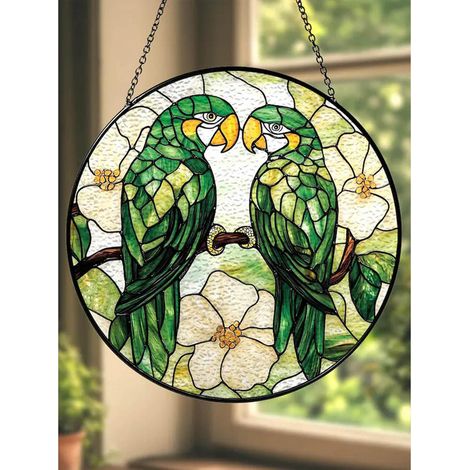 Buntglas-sonnenfänger Mit Einem Papageienpaar, 9 Cm, Tropische Fensterdekoration