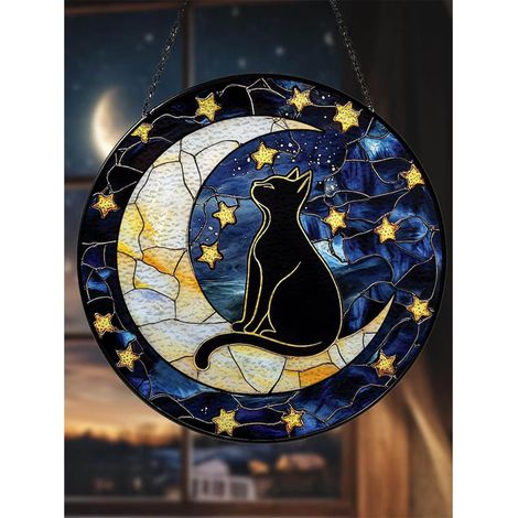 Buntglasfenster, Schwarze Katze Auf Dem Mond, 20 Cm, Dekorativer Sonnenfänger Für Das Fenster