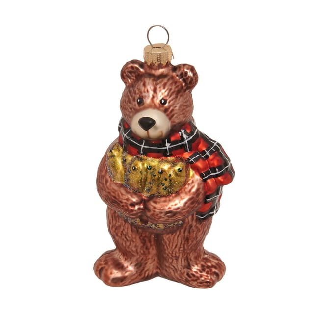 Krebs Glas Lauscha Baumschmuck Bär mit Fisch Braun 12cm