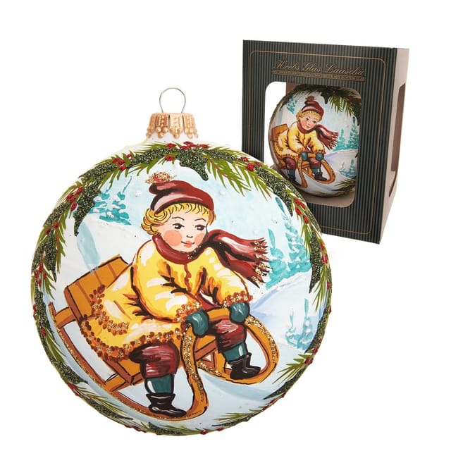 Krebs Glas Lauscha Weihnachtskugel Junge auf Schlitten Weiß 10cm