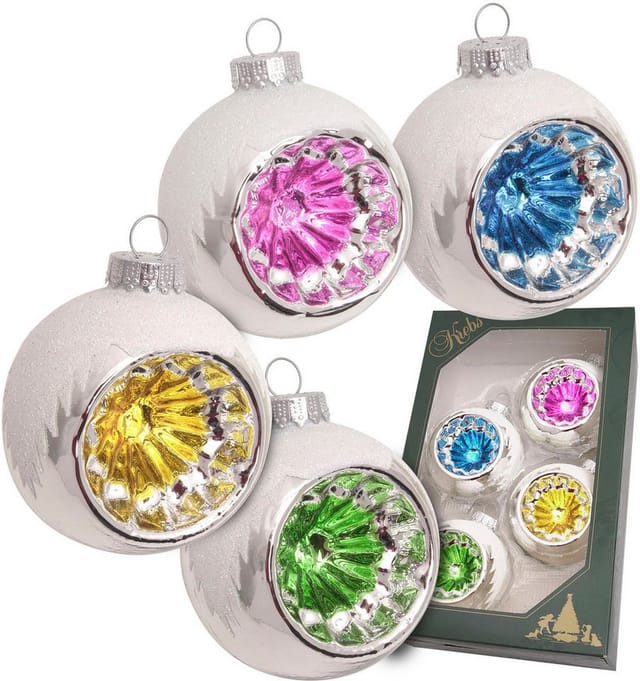 Krebs Glas Lauscha Weihnachtskugeln Weiß mit Bunten Reflexen 4-tlg. 7cm