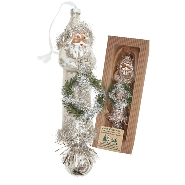 Krebs Glas Lauscha Baumschmuck Santa mit Kranz Nostalgie Silberfarbig 22cm
