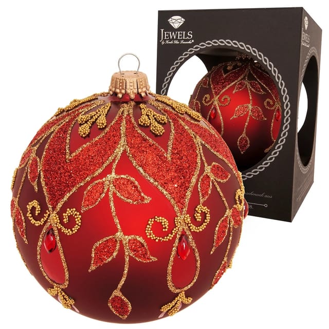 Krebs Glas Lauscha Weihnachtskugel Strassdesign Blätter Rot 10cm