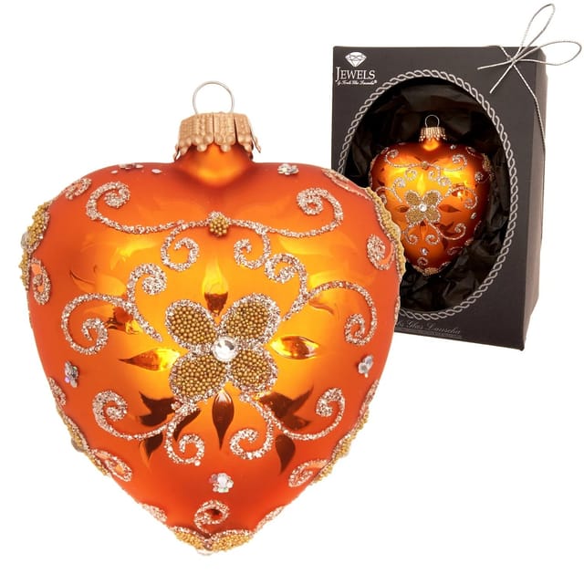Krebs Glas Lauscha Baumschmuck Herz Strassdekor Orange 9cm