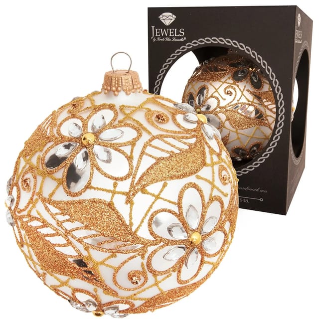 Krebs Glas Lauscha Weihnachtskugel Strassdesign Blumen und Blätter Silberfarbig 10cm