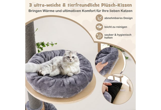 Costway Kratzbaum Deckenhoch 5-Stöckiger mit Hängematte & Korb Grau