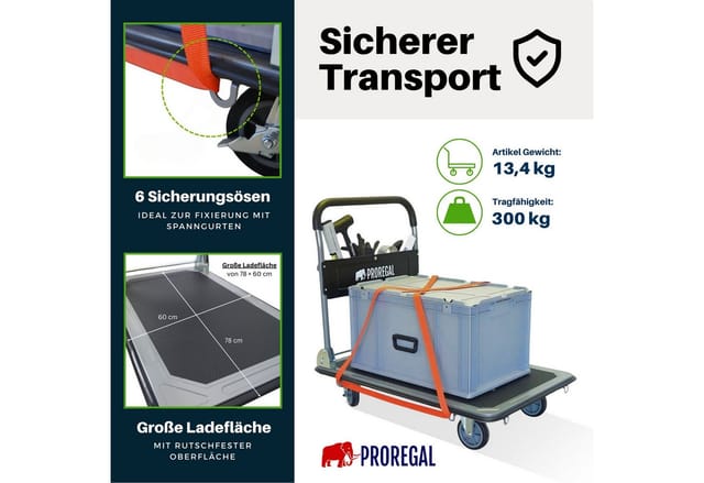 PROREGAL Klappbarer Profi-Transportwagen BIG RHINO 300 Werkzeugtasche & 6 Sicherungsösen Traglast 300kg Vollgummibereifung