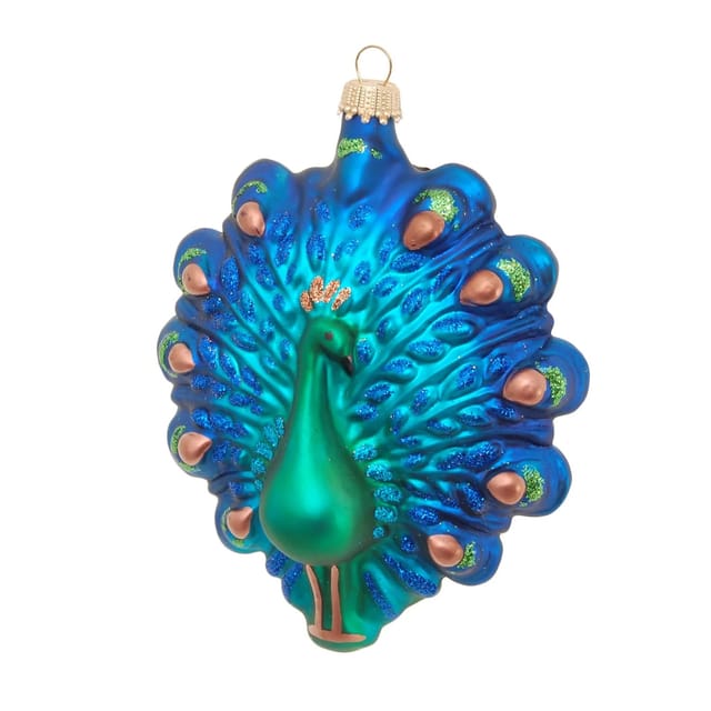 Krebs Glas Lauscha Baumschmuck Pfau Hängend Blau 13cm